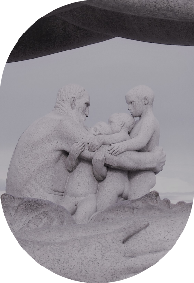 stone sculpture of family of four